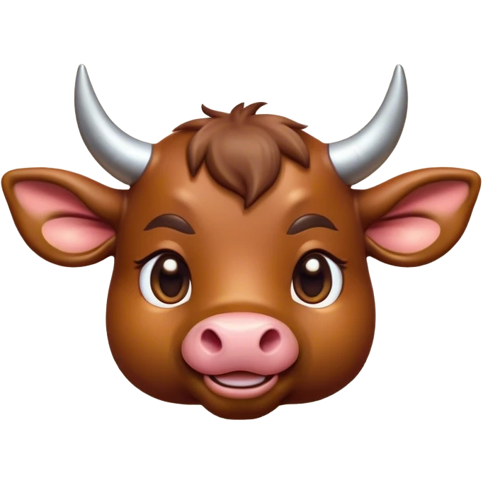 Cinematic Cute Brown Bull Portrait Emoji, Head tilted playfully and inquisitively, featuring a glossy, robust brown hide with a natural sheen, round, sparkling dark eyes filled with gentle curiosity, Simplified yet irresistibly adorable features, highly detailed, glowing with a warm, friendly glow, high shine, affectionate and imposing, stylized with a touch of rugged charm, bright and endearing, soft glowing outline, capturing the essence of a mischievous yet loving bull, so playful it feels like it could stomp out of the screen and into your arms! emoji