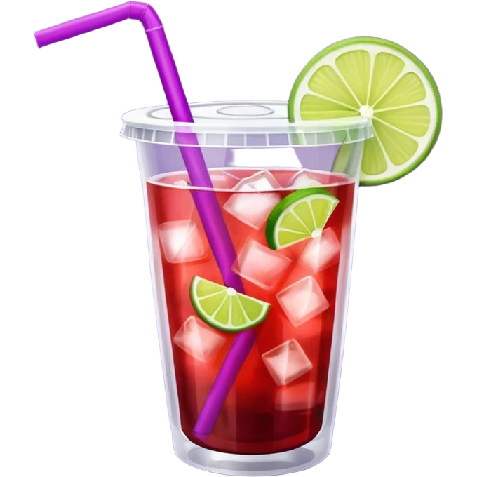 maroon purple cocktail with a lime wedge in the drink in a plastic cup with lid and straw  emoji