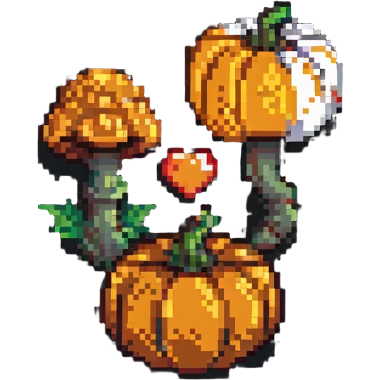 heart with a mushroom on one side and a pumpkin on the other, pixel art style emoji