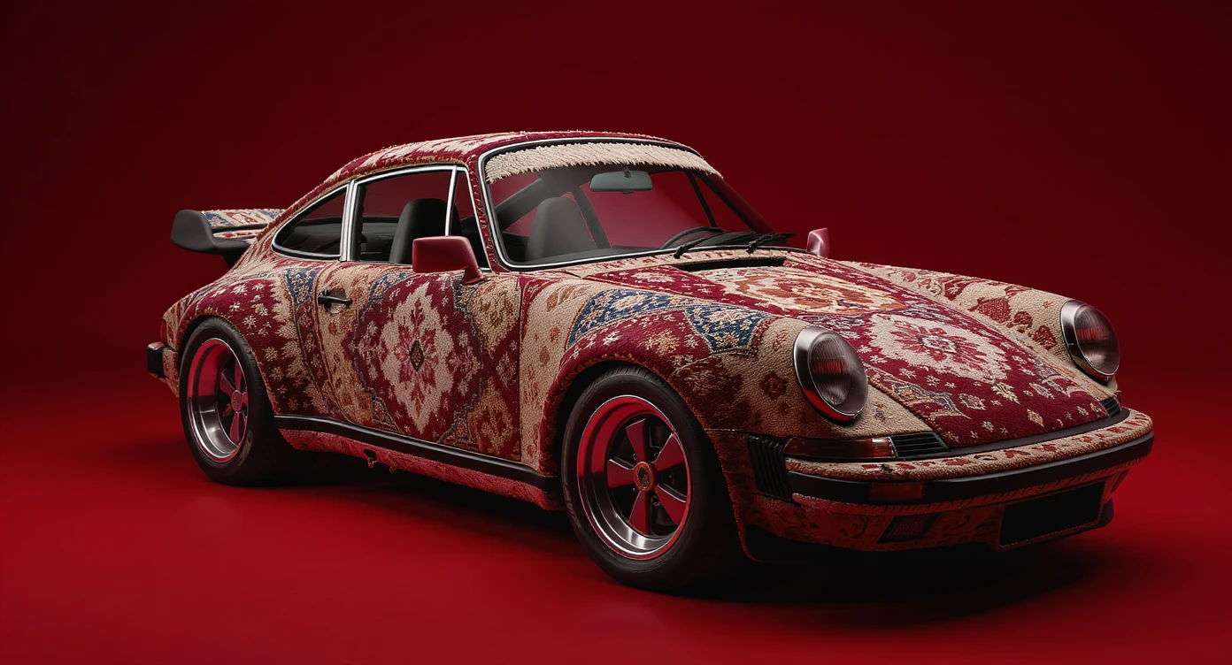 Closeup shot of a porsche 911, body of car made of russian carpet with patterns, red solid studio background,top low key light, dutch angle, haze, captured by ARRI 65 emoji