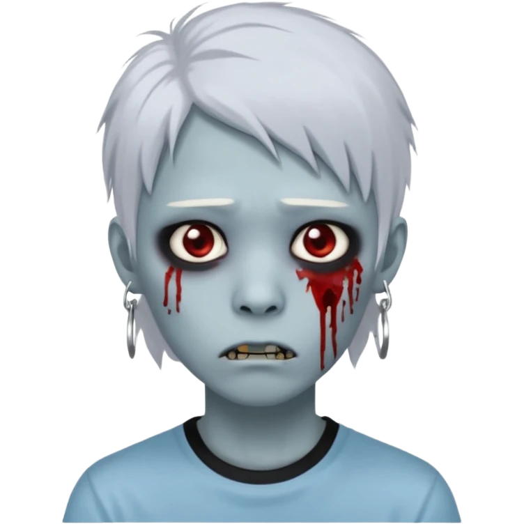 Create a 3D emoji-style avatar with very pale blue-grey zombie skin like the reference image, a young Asian face, and large eyes with blood tears. Give it white mullet-style hair, silver hoop earrings, and a simple black T-shirt. The expression should be neutral or slightly angry emoji