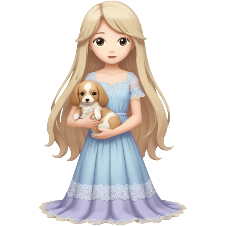 Pastel anime lady long hair with long lace dress full body holding puppy emoji