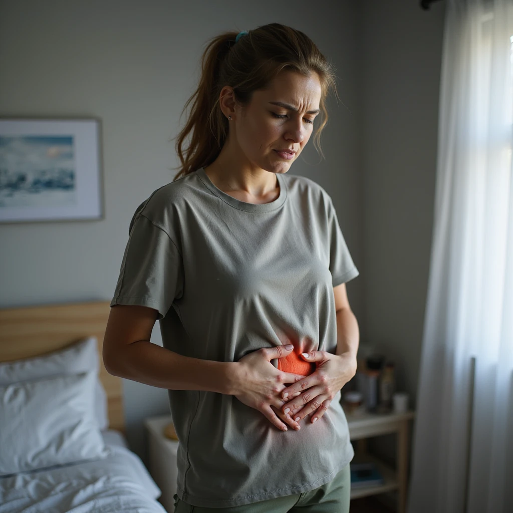 woman holding stomach with painful expression, realistic atmosphere, details of discomfort, home or clinic background emoji