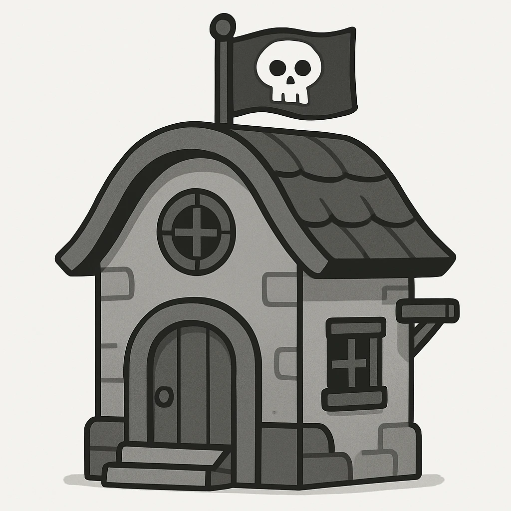 old pirate's house with skull flag emoji