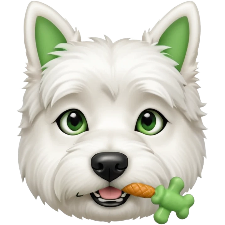 a west highland terrier dog with a green bone treat in its mouth  emoji