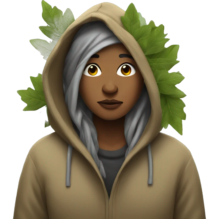 homeless woman in a hoodie with leaves and branches in her hair
 emoji