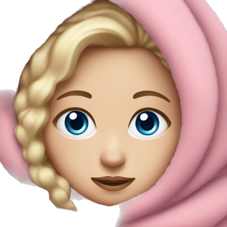 White girl with blue eyes wrapped in fuzzy pink blanket emoji