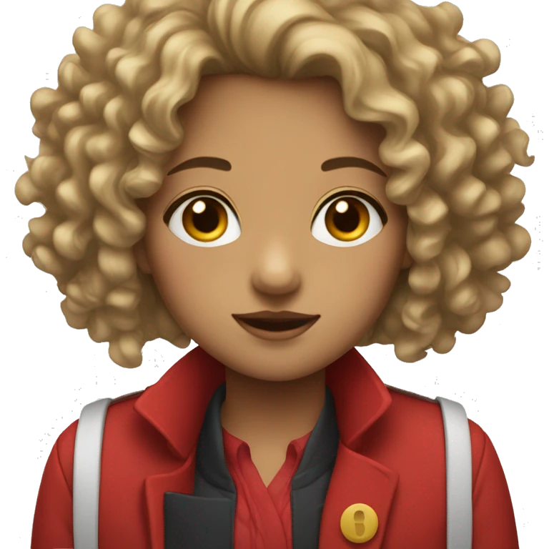 A girl with a red coat and a white shirt under and curly hair emoji