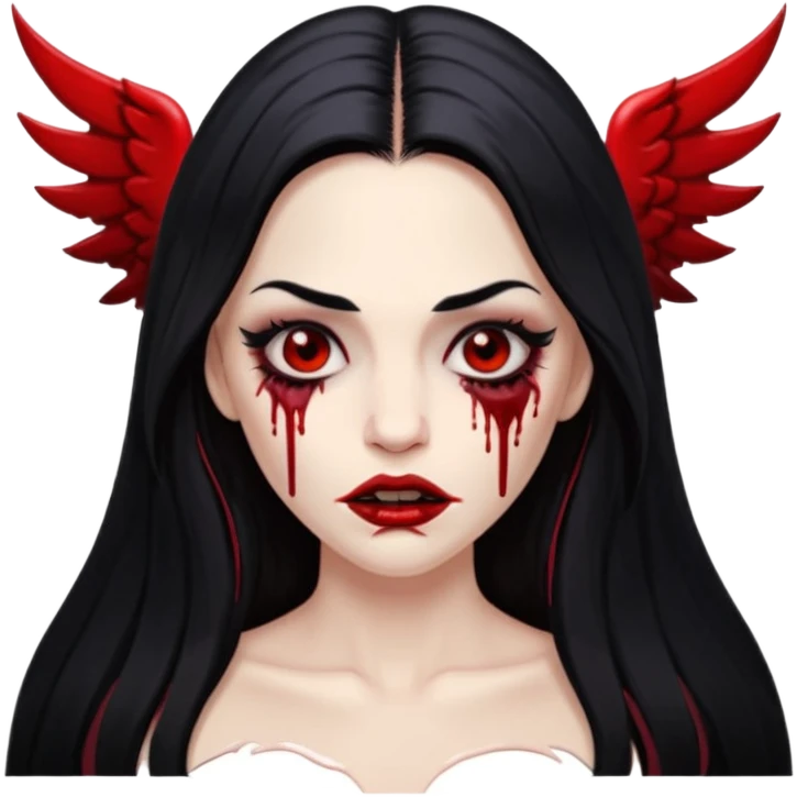 White woman with a white tank top long black hair glossy middle part long hair vamp look with fangs or blood dripping lips mouth closed brown eyes eyeliner winged with lashes top and bottom emoji