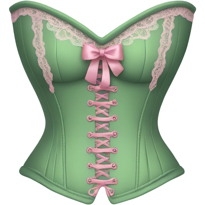 Sage green corset with pink lace and bows, isolated emoji