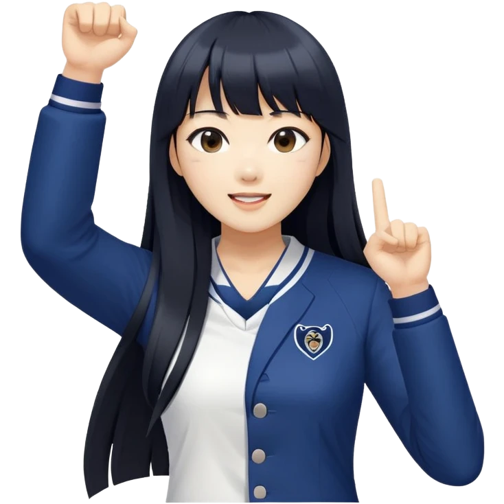 East Asian woman with long black straight hair and bangs wearing navy and white Doosan Bears team colors, cheering emoji