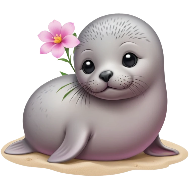 A small, slim baby seal resting gracefully on a sandy beach, with a delicate pink flower placed on its head.  Grey color emoji