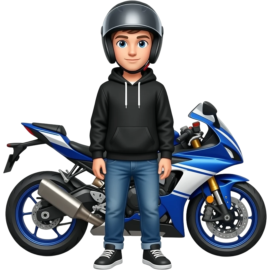 young man with blue jeans and a black hoodie wearing a black motorcycle helmet and in front of him is standing a blue white motorcycle emoji