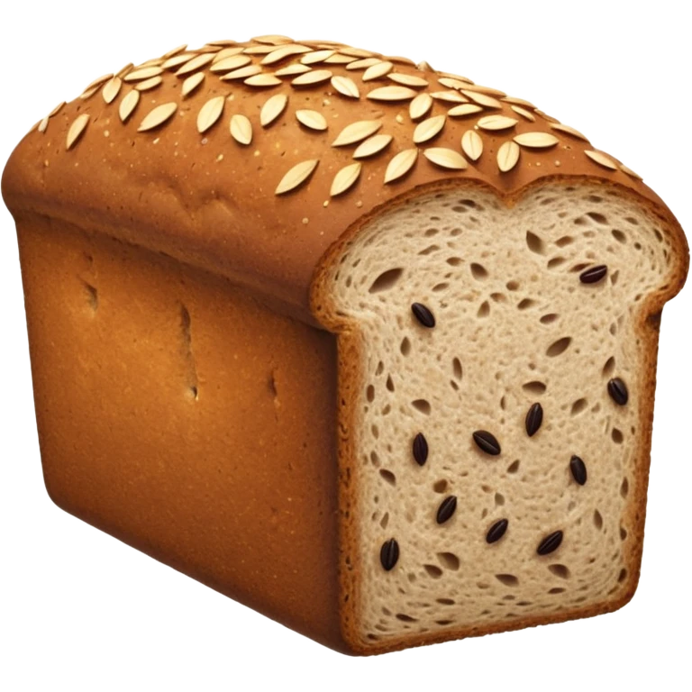 dense rectangular loaf of whole grain bread with dark brown crust, coarse textured surface speckled with seeds, slightly domed matte top, rustic hearty look, one or two thick slices beside it revealing grainy compact crumb, no plate, knife, or extras, soft lighting, subtle shadows, emoji scale emoji