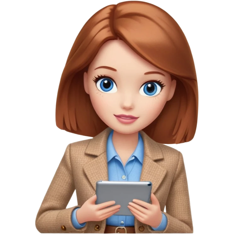 A Barbie girl with blue eyes, shoulder-length reddish-brown hair, made-up, wearing a beige tweed jacket and a beige skirt,  with a iPad emoji