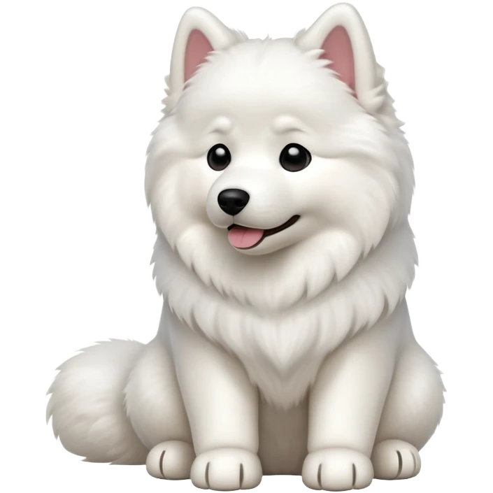 cinematic-[samoyed]-realistic-full-body-sitting-emoji,-tail-resting-loosely-beside-its-paws,-head-tilted-dramatically, -fluffy-[white]-fur,-simplified-yet-realistic-focused-features,-highly-detailed,-glowing-with-an-almost-sarcastic-glow emoji