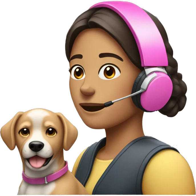 mujer con auriculares rosa y un perro emoji