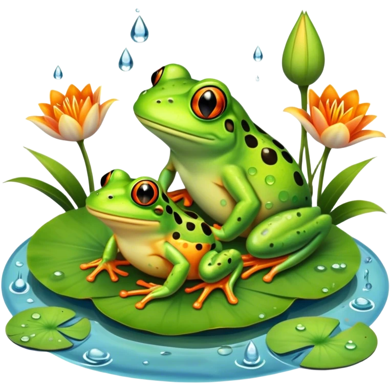 Icon for Amphibians: A colorful collage with various amphibians like a bright green frog sitting on a lily pad, a small salamander with orange spots, and a toad with bumpy skin. Water droplets around them and a pond in the background. Transparent background. emoji