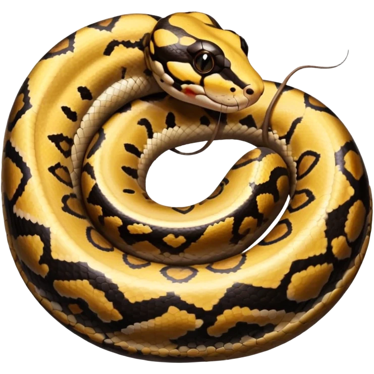 A photo-realistic top-down view of a Ball Python gently coiled into a tight spiral, with its head resting peacefully at the center. The pattern flows smoothly around the curves of its body, emphasizing its natural camouflage and calm demeanor. emoji