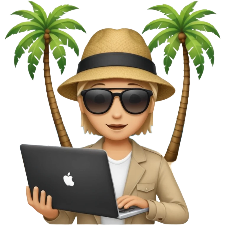  An open laptop on the beach. bildschirm ist schwarz und im hintergrund sind palmen, meer emoji