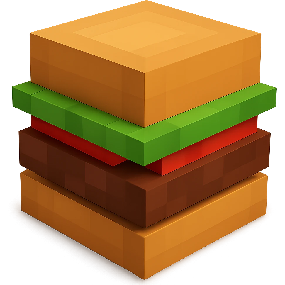 A hamburger with bun, patty, lettuce and tomato in geometric minimalist 3D block design emoji