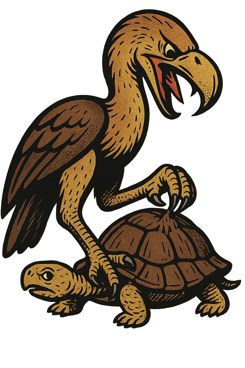 an insignia for a flag: a strange foreign alien bird creature, resembling a prehistoric phorusrhacos, gripping a upturned tortoise with a claw with its' beak tearing down into it
 emoji