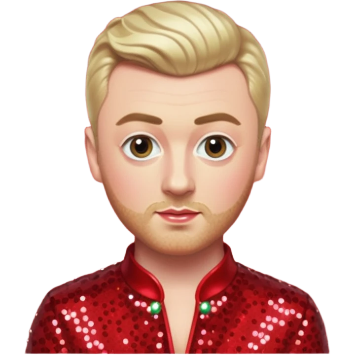 Sam Smith with blonde hair and short beard, red sequin outfit emoji