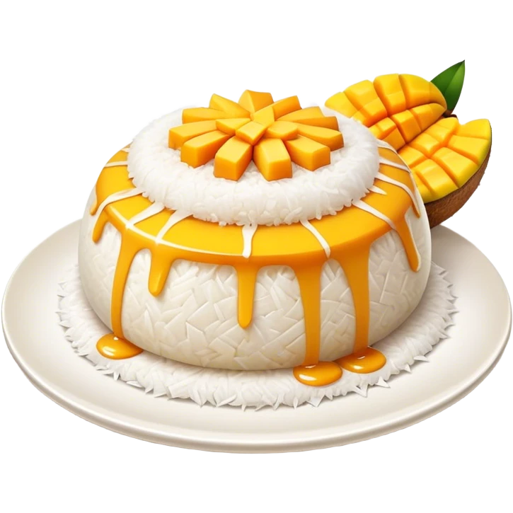 Mango Sticky Rice Cinematic Realistic Mango Sticky Rice Dessert Emoji, depicted as sticky rice drizzled with coconut milk topped with a layer of coconut cream, accompanied by sliced mango on the side of the plate, rendered with vivid textures and warm, tropical lighting. emoji