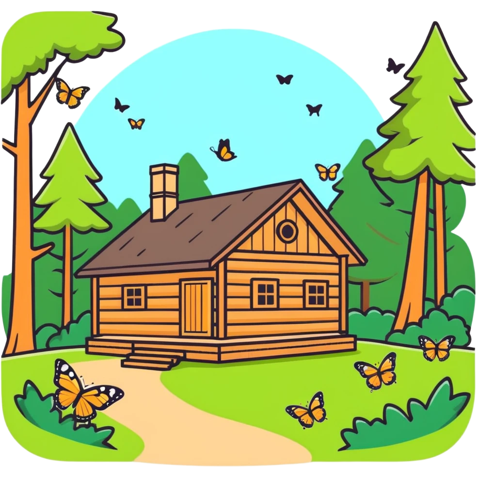 Lovely forest with a lot of butterflies and a wooden cabin emoji