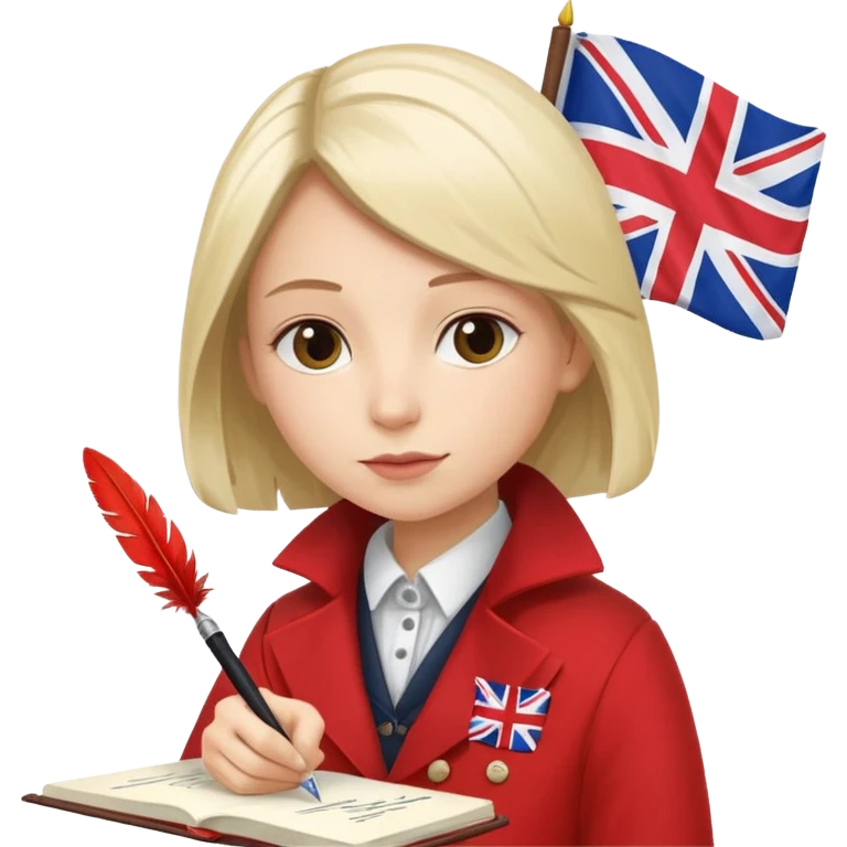someone who is writing with a feather on a notebook, with an UK flag in the background emoji
