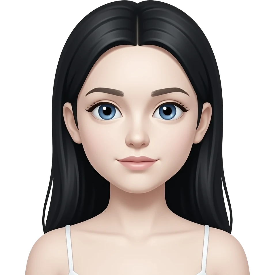 fille yeux bleus très longs cheveux noirs derrière les deux oreilles et peau blanche très très très pâle porte une camisole emoji