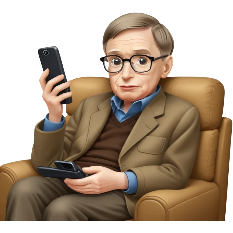 Stephen Hawking with glasses sitting on a couch playing a mobile phone game emoji