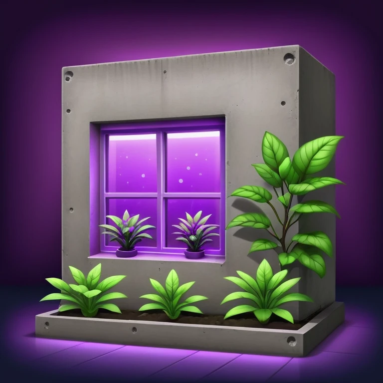 Rectangular concrete structure at night with one bright purple window from plant grow lights emoji