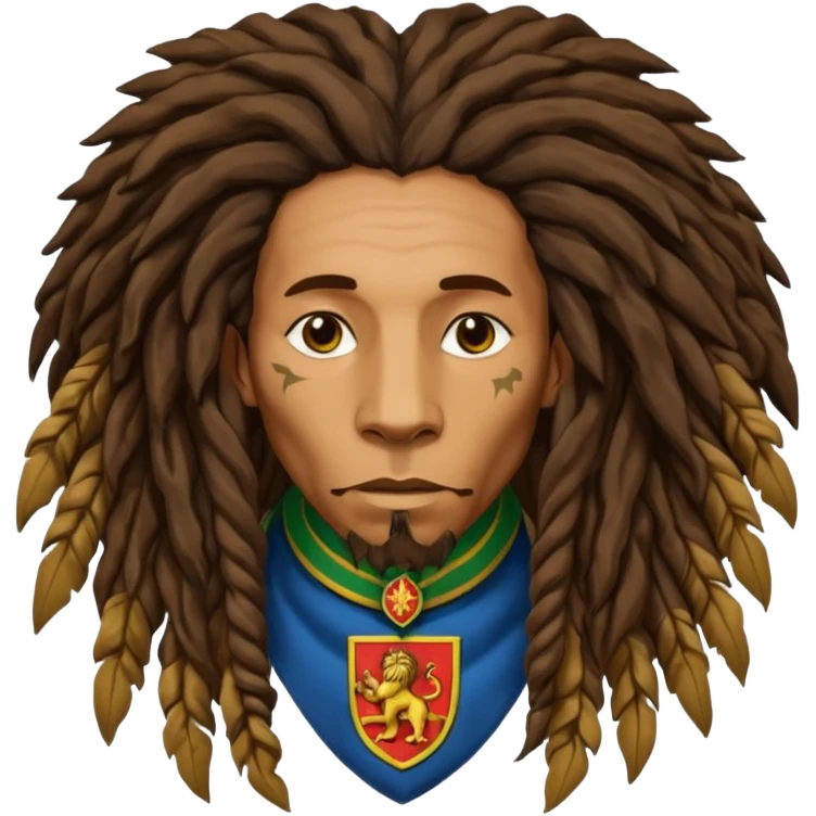 melancholic  Bob Marley with gigantic dread locks in form heraldic crest with ethiopian lion emoji