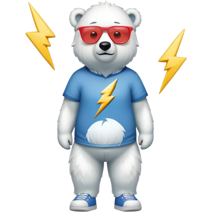 friendly anthropomorphised polar bear standing upright, looking chilled and unbothered, wearing a shirt, jeans, trainers, and lightning bolt-shaped colorful glasses emoji