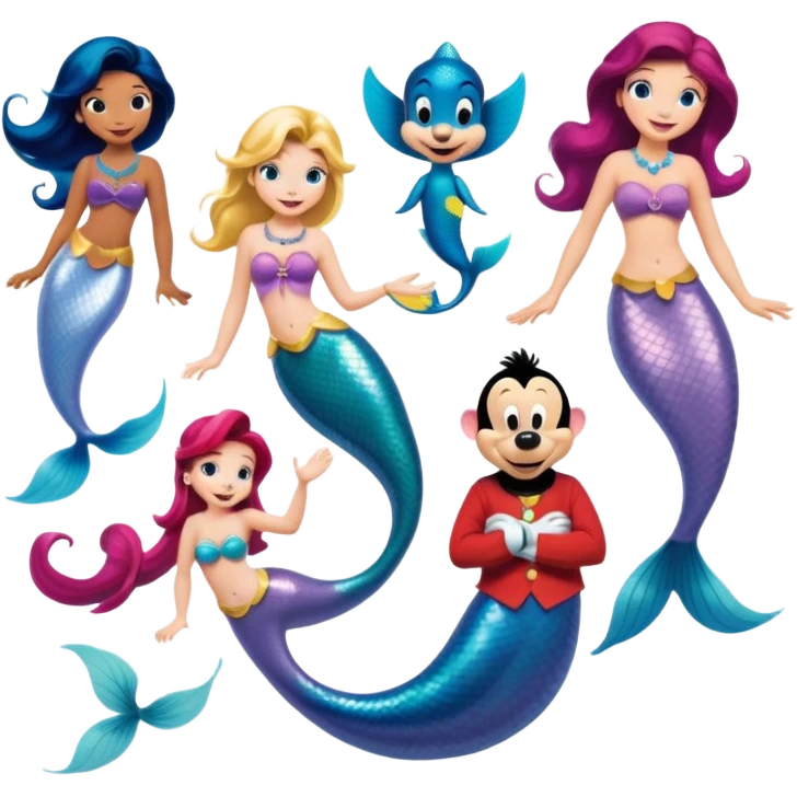 Colorful icon for Animated Movies: mermaid costume and could A vibrant collage featuring iconic characters like Goofy, Mickey Mouse, Franco, Masha and the Bear and Luntik. Each character should be large and bright, set against a cheerful and playful background of Disneyland. Transparent background. emoji