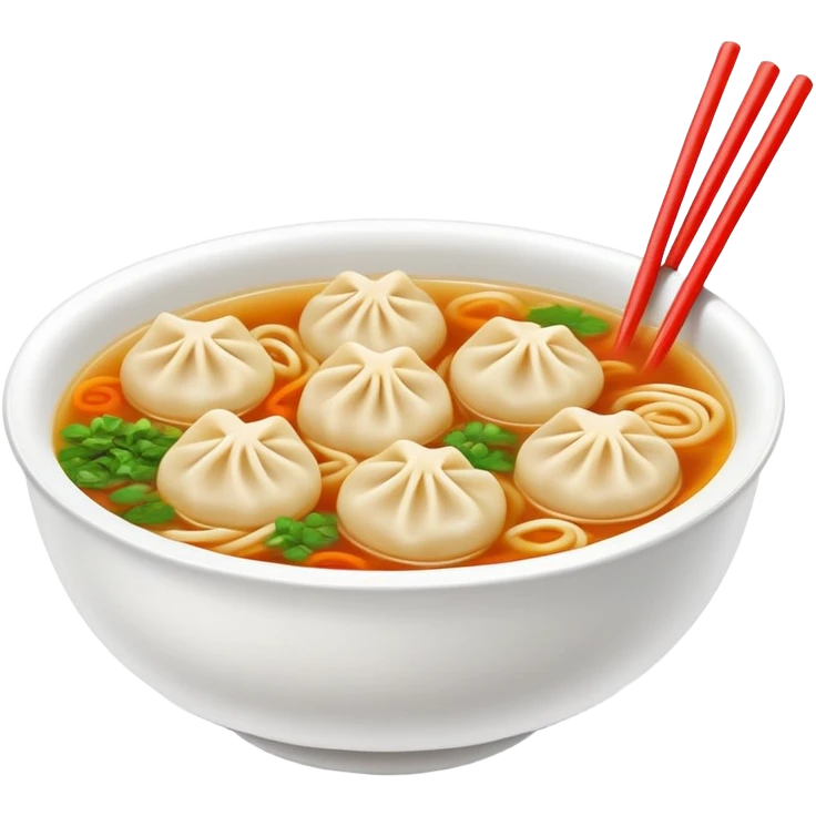 Wenzhou Huntun Wonton Noodle Soup with small dumplings, simplified emoji style with bold outlines and bright colors, cartoon style Zhejiang specialty with clear broth emoji