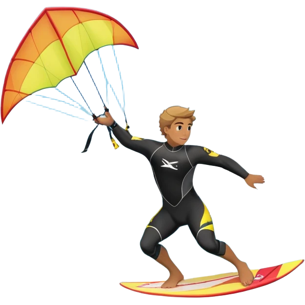 A kite surfer soaring above the waves, holding onto a kite with the wind in full force. The background showcases the ocean and sky, emphasizing the freedom, thrill, and energy of the sport. The motion of the kite and board is dynamic, capturing the excitement of kiting. emoji
