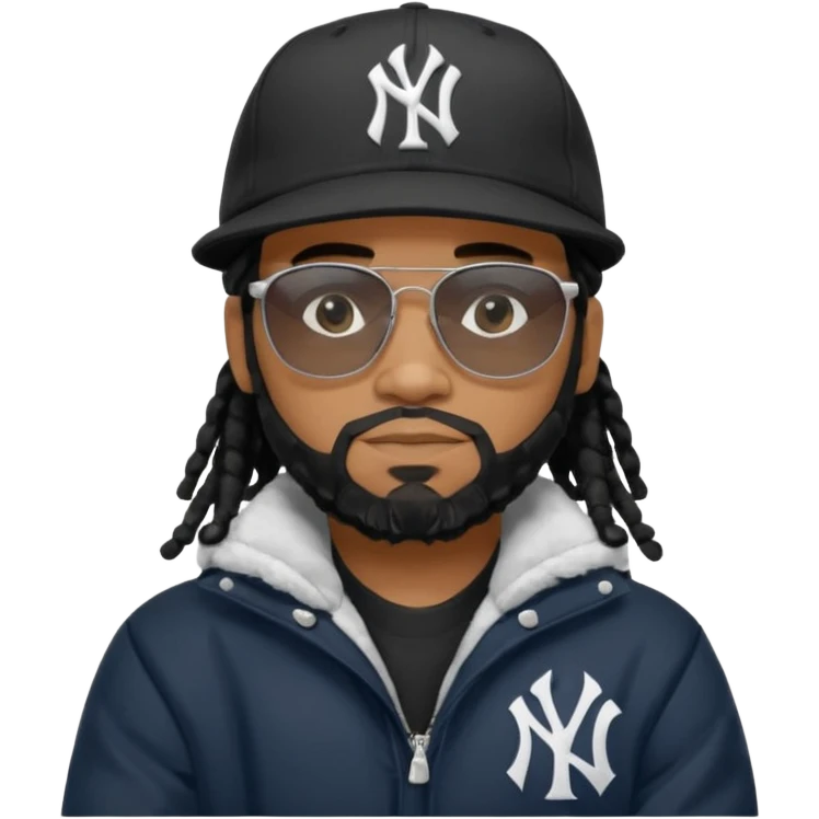 African American man with shoulder length black dreadlocks and black beard wearing black sunglasses with a New York Yankees baseball cap wearing a black bubble winter coat with arms folded emoji