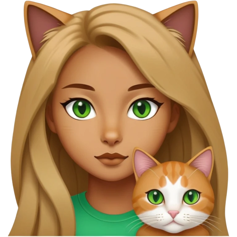a cool girl with a jinjila long hair cat, cat’s eyes are green emoji