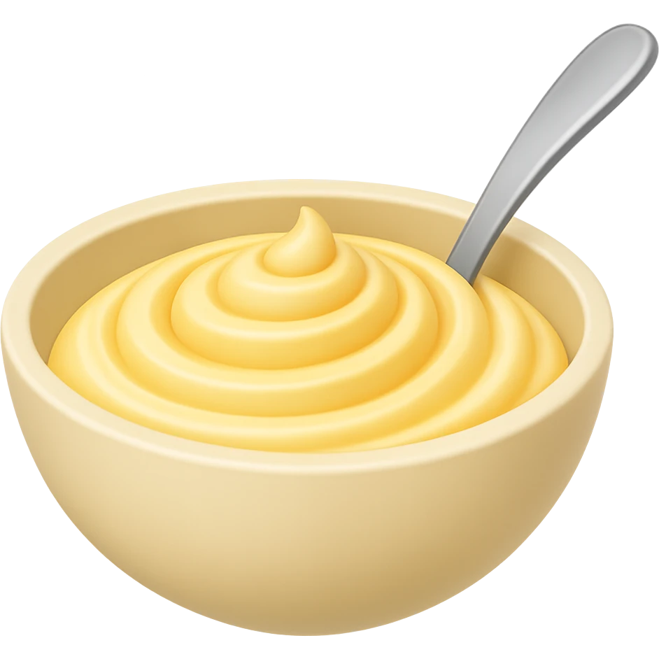 Edit the image in the style of Apple emojis. Add a spoon inside the bowl, remove the drop of mayonnaise that protrudes upwards, and eliminate the blue lines on the bowl. Keep the spiral patterns on the mayonnaise and maintain the transparent background. emoji