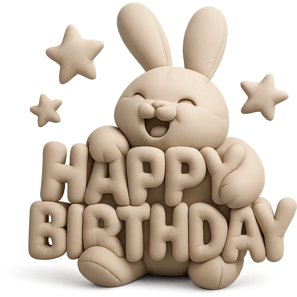 laughing bunny hugging "Happy Birthday" letters with stars, cushion style, transparent background emoji
