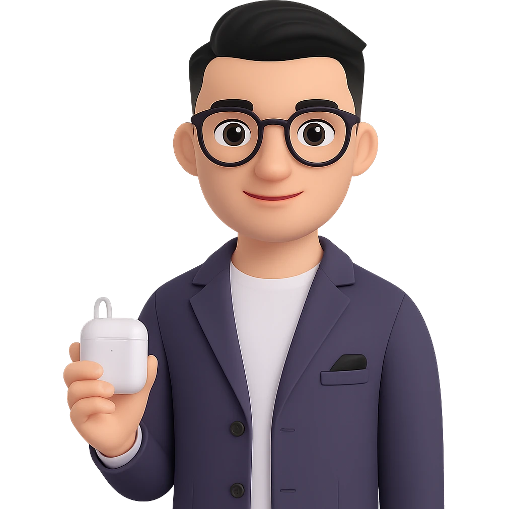Change to a side-swept undercut hairstyle, keeping the Memoji-style 3D cartoon look. Maintain all other features and accessories the same, with a smart casual podcast host vibe. No background. emoji