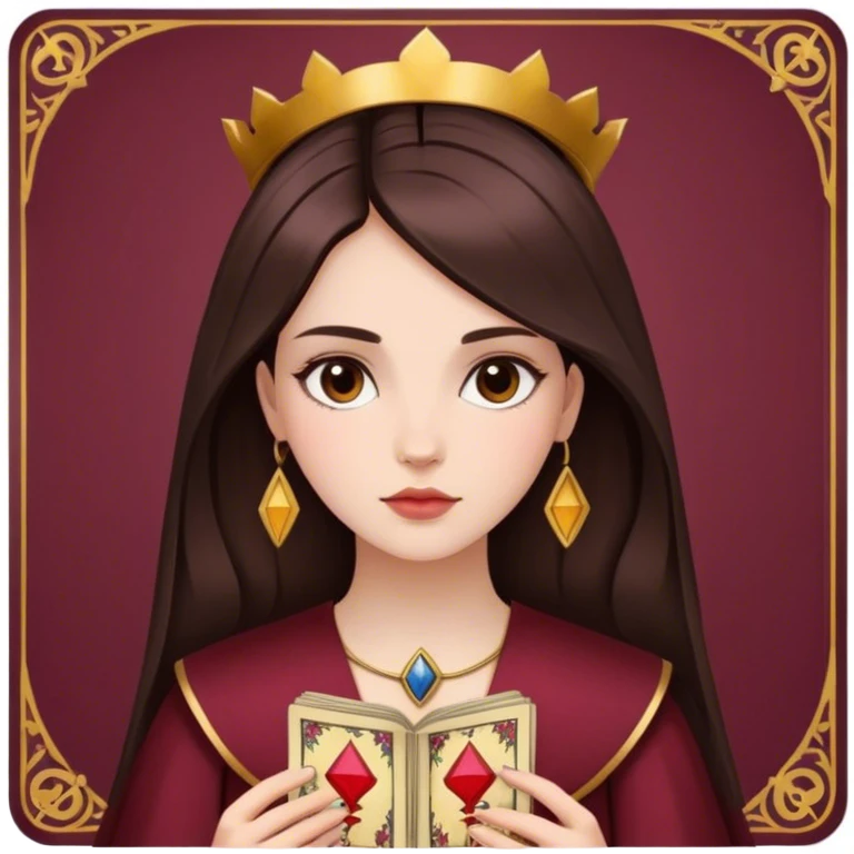 A brunette girl with a square hairstyle reading the Burgundy tarot emoji