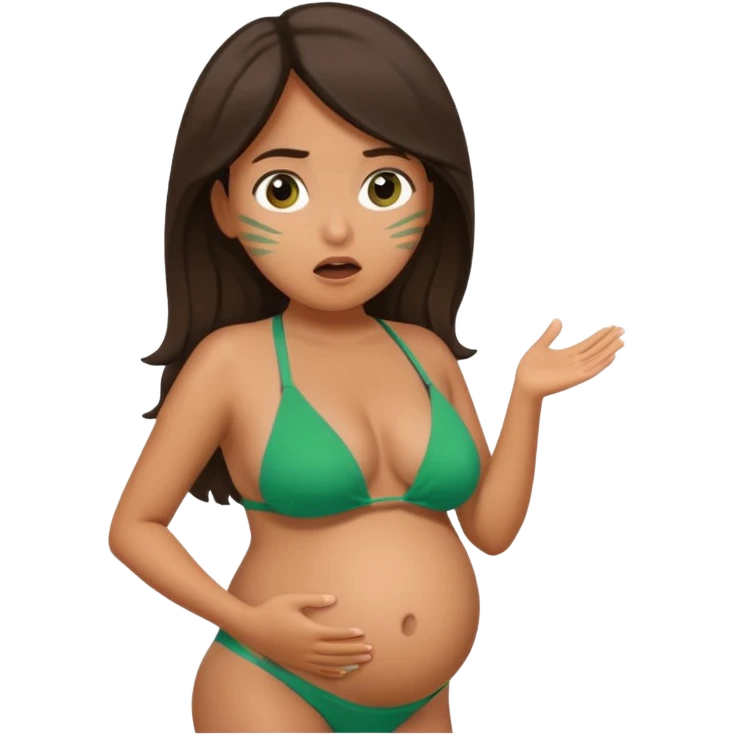 Latina girl, tan skin, pregnant, green bikini, shocked face. emoji