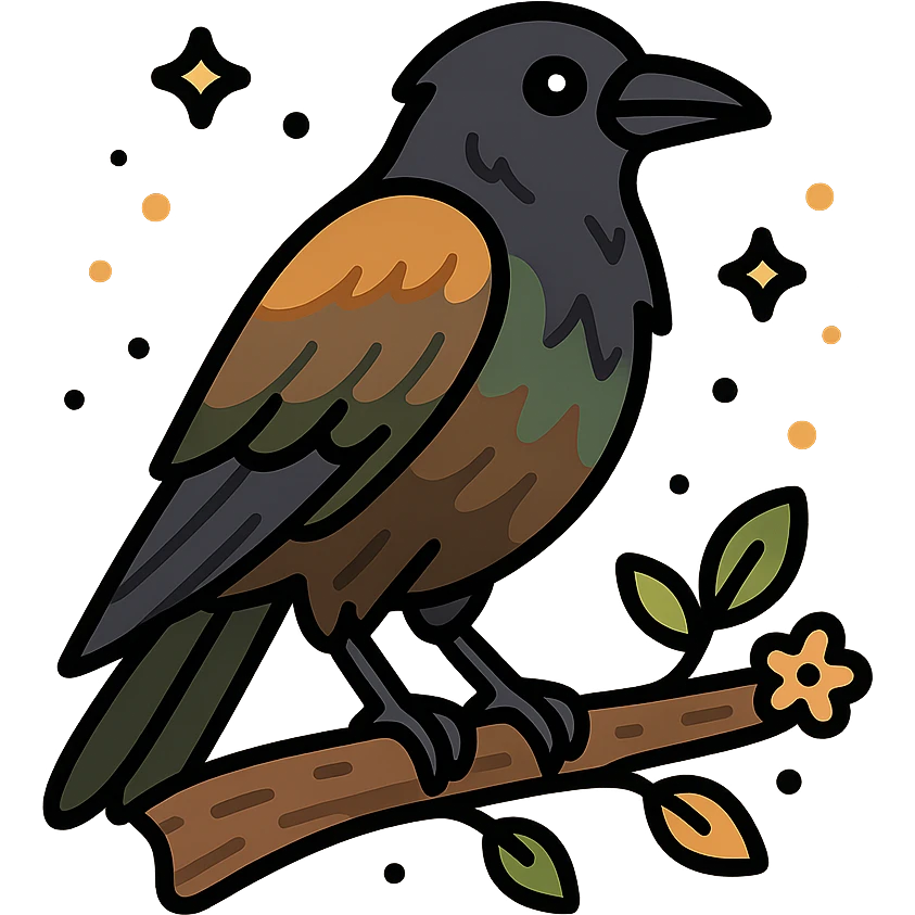 A mysterious crow perched on a branch, surrounded by a soft, magical atmosphere. The crow’s feathers are deep, dark hues with hints of golden orange (FA9B41), forest green (4A7C5C), muted taupe brown (96775A), and pastel peach (FFCC9A) subtly blending into its plumage. The branch is weathered and textured, with small leaves in green and peach tones, and delicate flowers or tiny sparks floating around. The lighting is soft and ambient, casting a warm, mystical glow over the scene, creating a quiet yet enchanting atmosphere. The crow’s sharp eyes and poised posture add to the mysterious, slightly gothic vibe of the moment. emoji