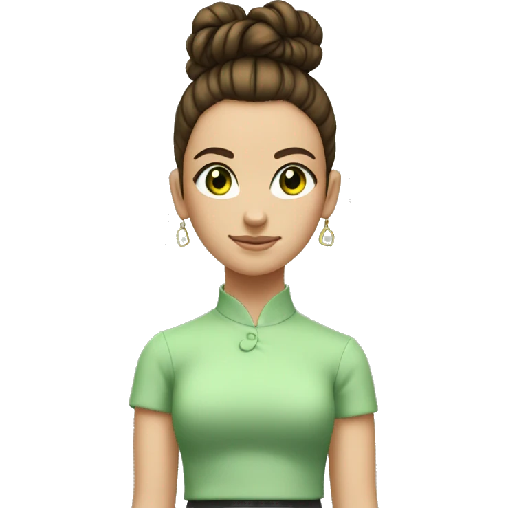 young girl with brunette hair tied up in a high bun and brunette hair, light green eyes  is take a sign with a big 10 emoji