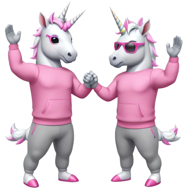two friendly anthropomorphised male white unicorns with fit, chunky, muscular and strong physiques, arms and legs matching the white of the head, both wearing grey tracksuit pants and pink jumpers, sunglasses, high-fiving each other emoji