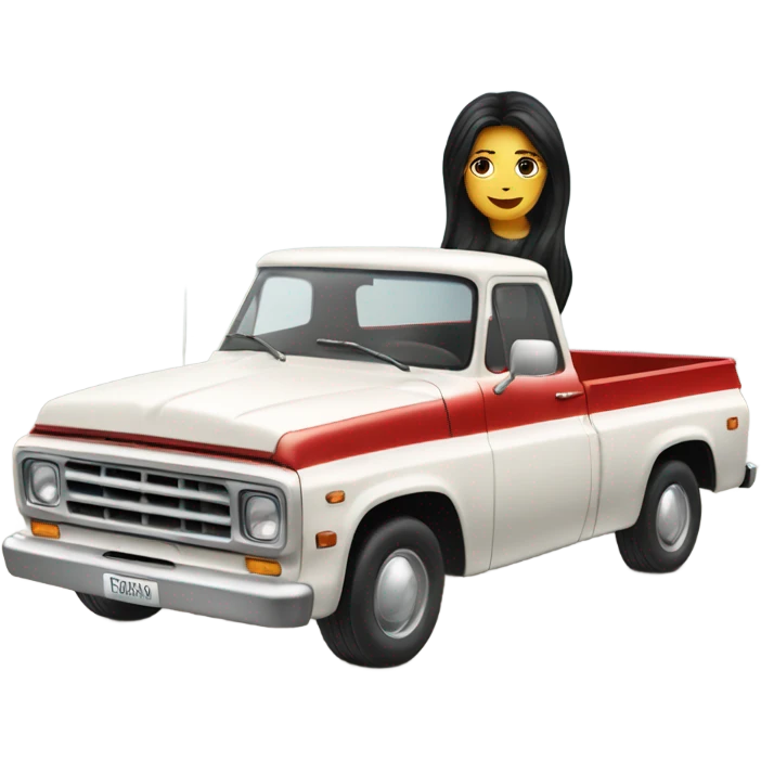 A white lady with long black hair, driving an older red pick up truck emoji