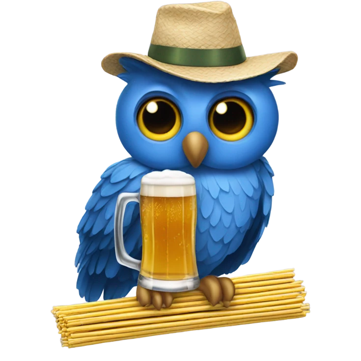 Blue owl wearing a hat that has straws you can put beer in and drink emoji